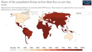 World map: Share of the population living on less than $30 per day, 2019.