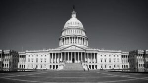 Black and white image of the outside of the U.S. Capitol building.