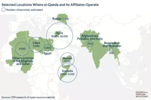 World map: Selected locations where al-Qaeda and its affiliates operate.