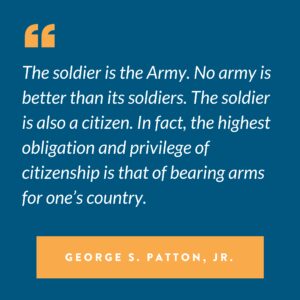 White text on blue background: The soldier is the army, no army is better than its soldiers.