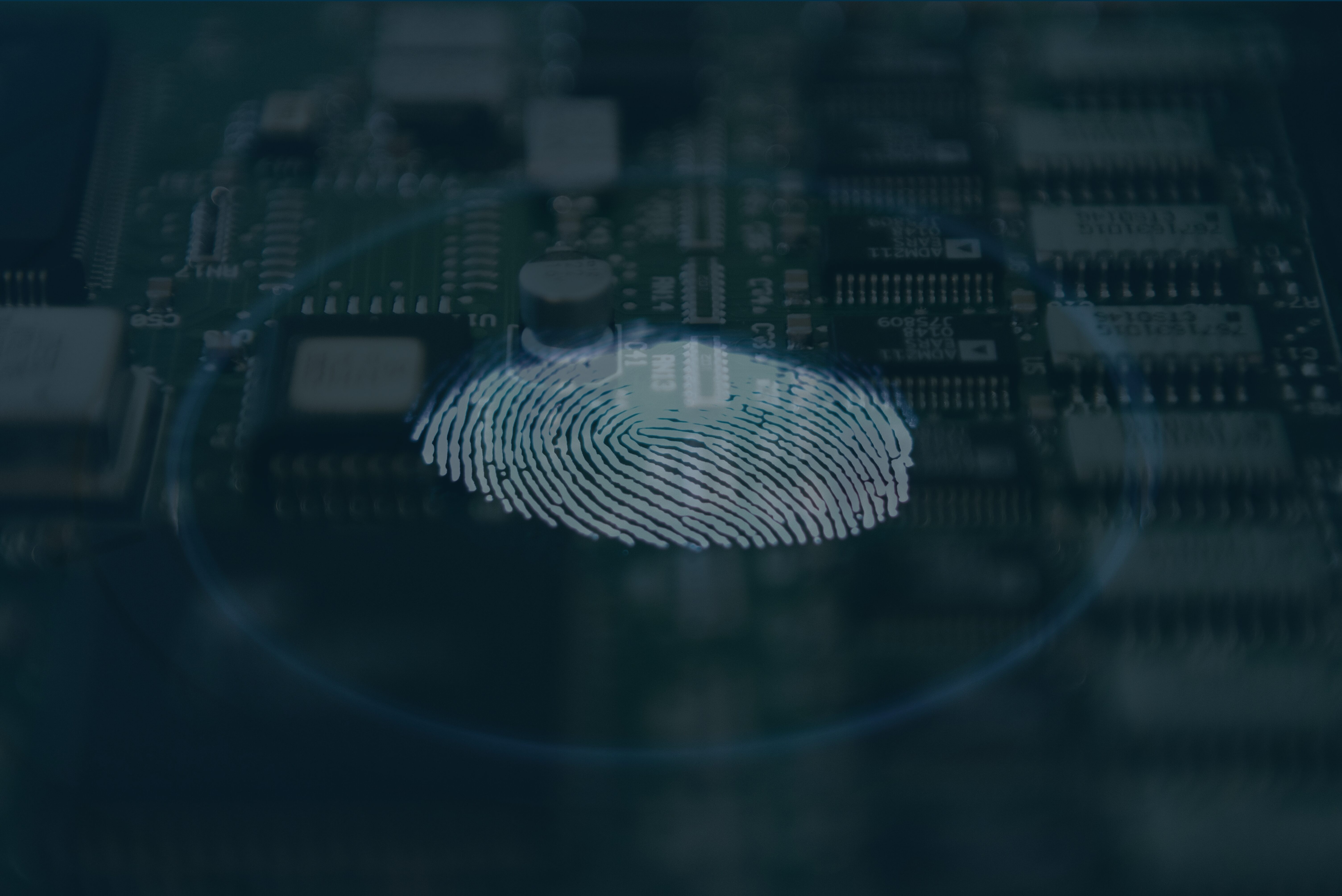 A glowing fingerprint on top of a circuit board.