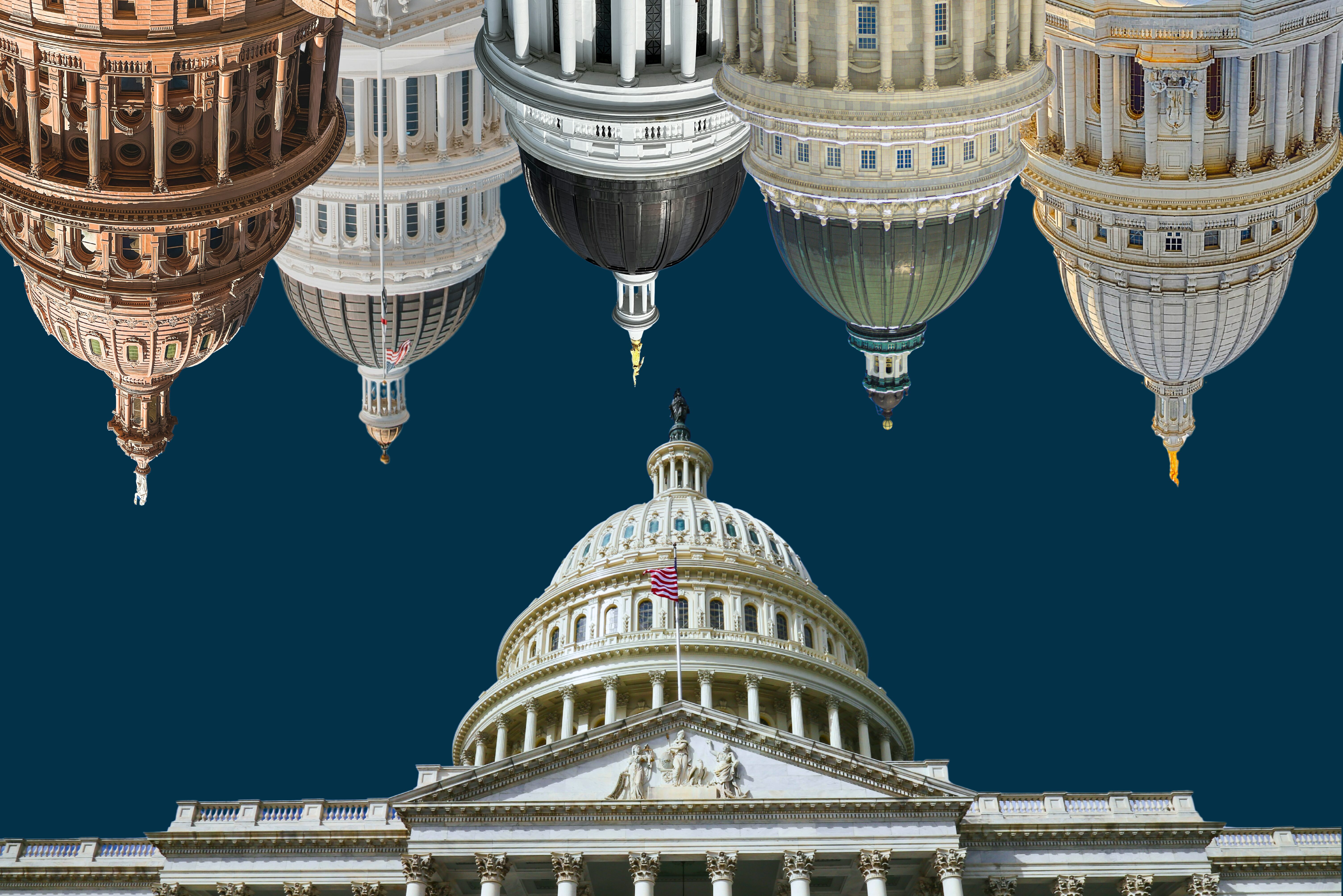 The U.S. Capitol building beneath the Texas, California, Maine, Utah, and Wisconsin Capitol buildings.