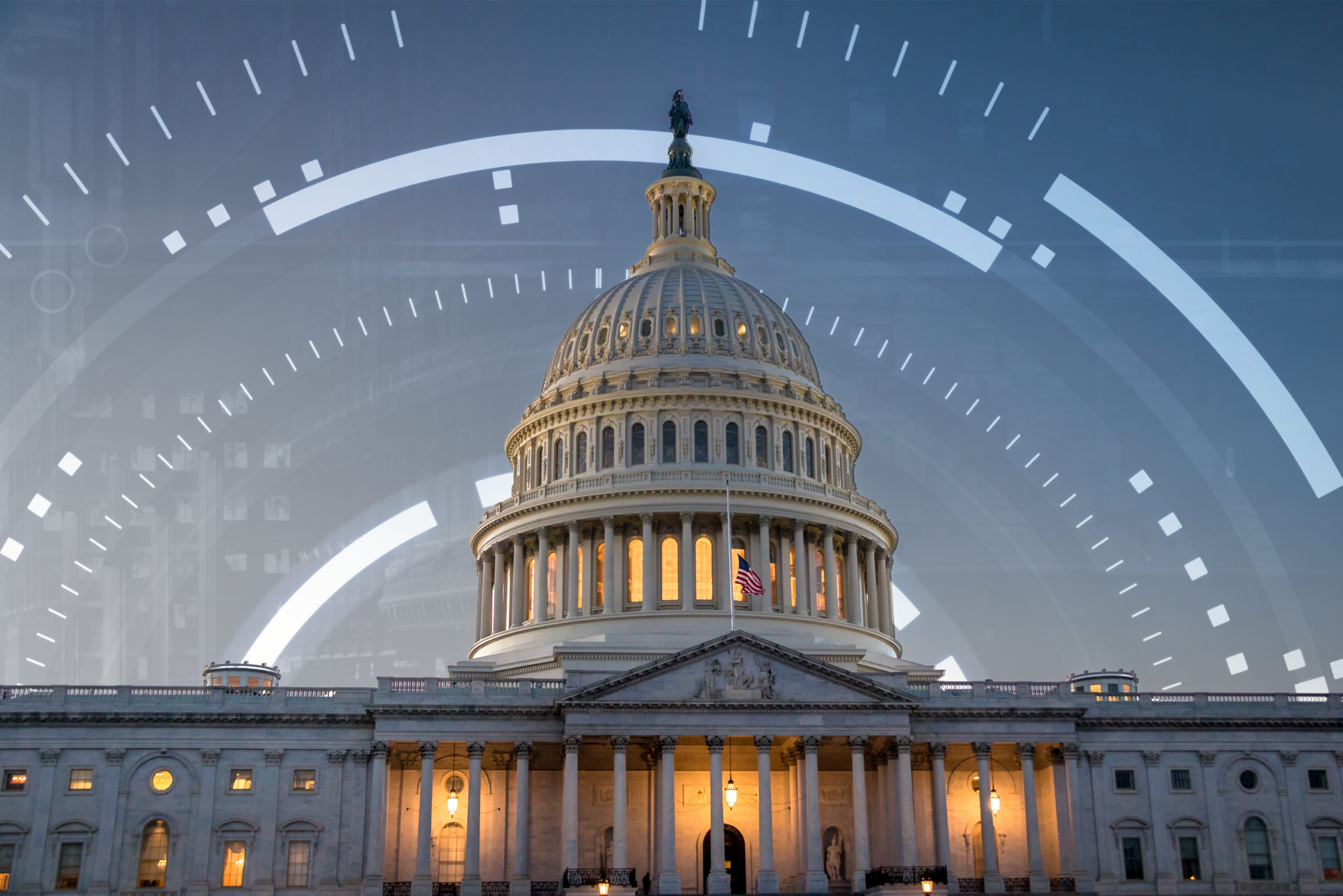 The Capitol building with an abstract digital pattern behind it.