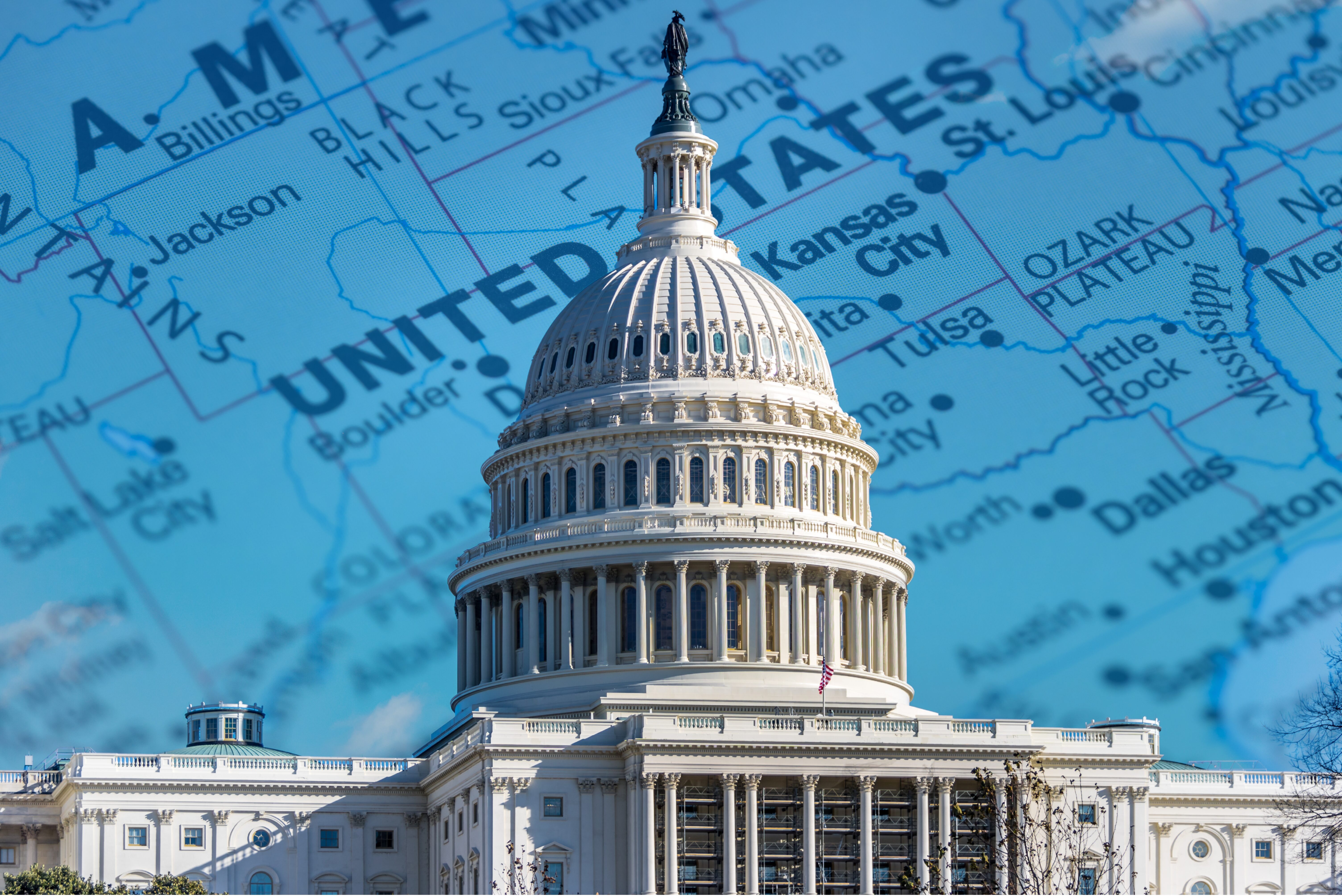 The U.S. Capitol building in front of a map of the United States, symbolizing the tensions in federalism.
