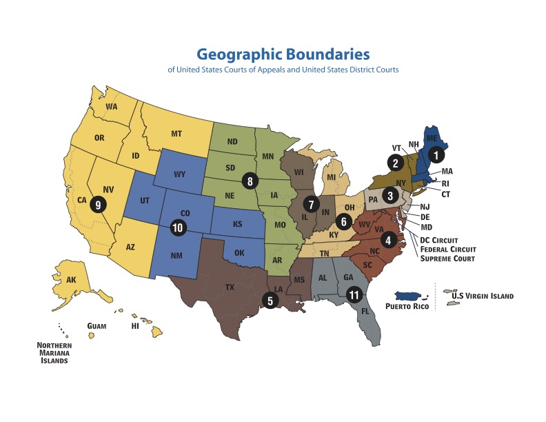 Map of geographic boundaries of United States Court of Appeals and United States District Courts.
